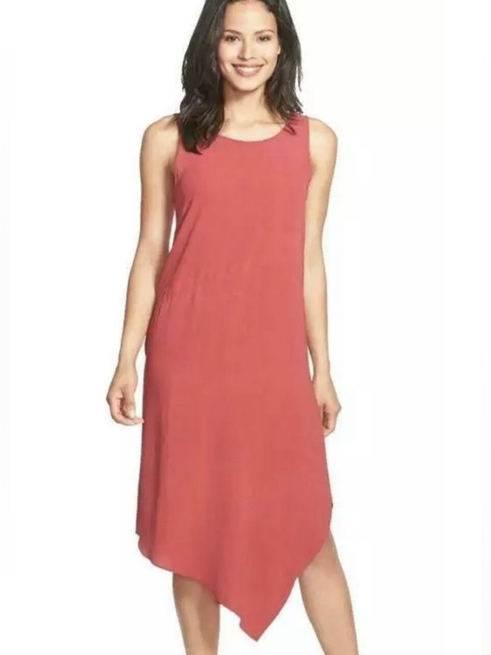 Eileen Fisher Silk Asymmetrical Breezy Saffron Red Dress Size Small